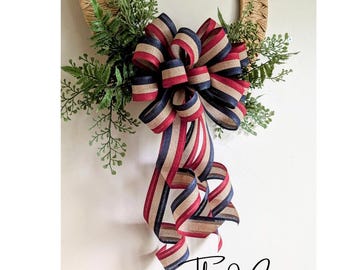 4th of July Wreath Bow Red/Tan/Blue 10in Wide, 18-36in Tails American Flag Patriotic Decor