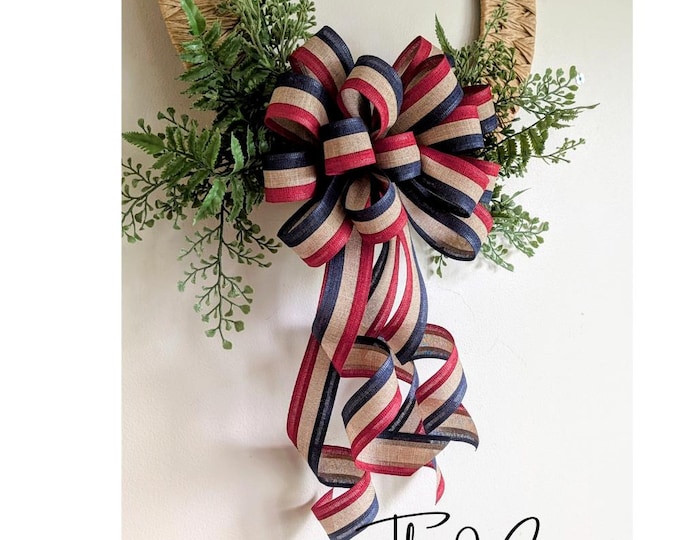 4th of July Wreath Bow Red/Tan/Blue 10in Wide, 18-36in Tails American Flag Patriotic Decor