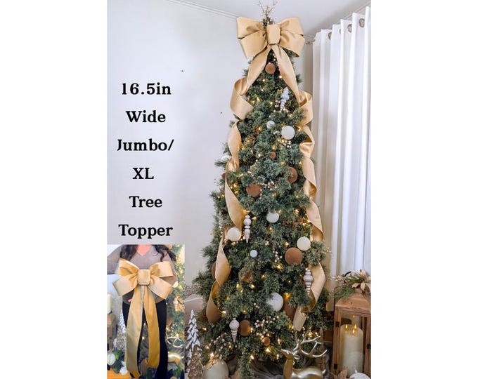 Jumbo Oversized Christmas Tree Topper Bow 16.5in Wide + over 10ft of Tails Tan/Beige/Gold 4in Wide Velvet and Satin