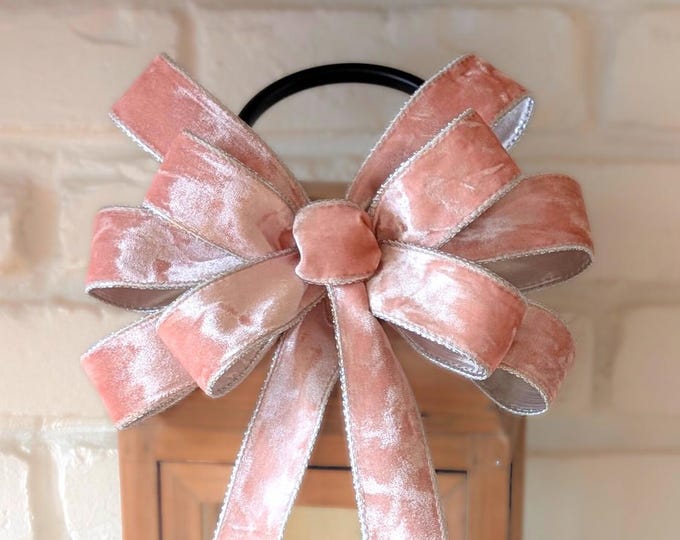 9x16in Pink Velvet Wired Ribbon Bow: Silver Lined Christmas Tree Topper Wreath Lantern Decor