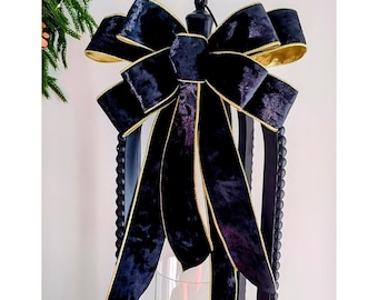 Extra Large DeLUXE 12x16-40in Black Velvet Christmas / Holiday Bow with Gold Lining, Wired Edges, and Free Shipping!