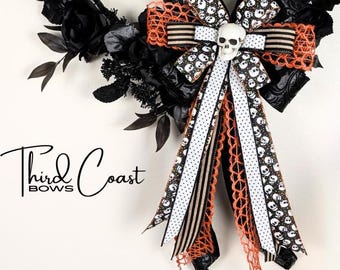 Skull Print Halloween Wreath Bow: Orange, Black & White Ribbon