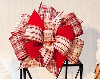 Chinoiserie / Toile Inspired Red and White Christmas Decor Bow 8x8in Wreath Bow, Mantle Bow, Lantern Bow- Free Shipping.