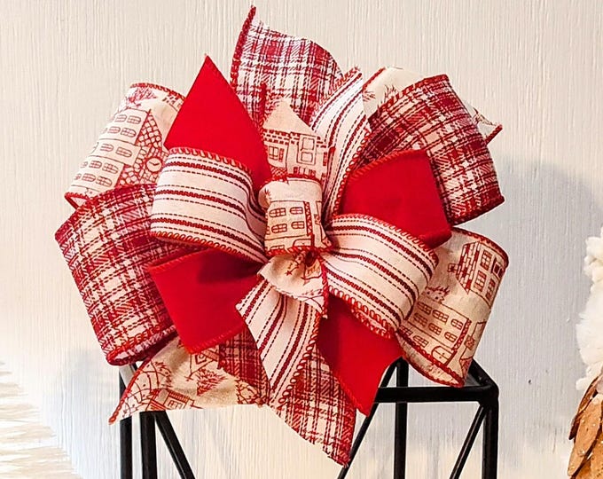 Chinoiserie / Toile Inspired Red and White Christmas Decor Bow 8x8in Wreath Bow, Mantle Bow, Lantern Bow- Free Shipping.