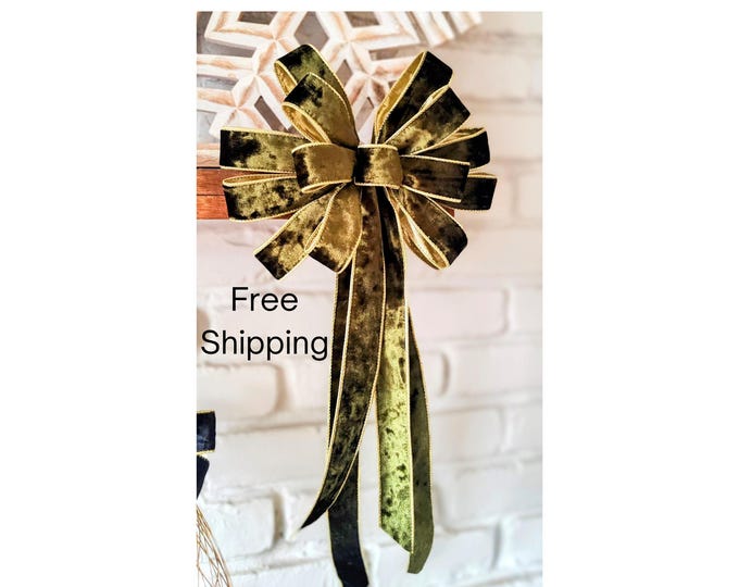 DeLUXE Olive Green Velvet 10in Wide, 18-40in Length, gold lined Wreath, Lantern, Tree Topper Bow.