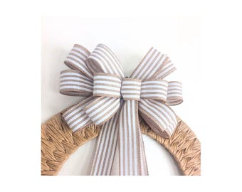 Striped Linen Wired Ribbon Wreath Bow: Tan Beige & White, Neutral Chic Decor