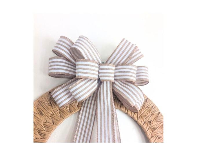 Striped Linen Wired Ribbon Wreath Bow: Tan Beige & White, Neutral Chic Decor