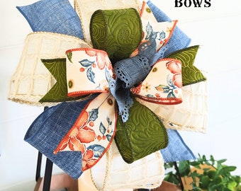 8x8in 6-Ribbon Spring Summer Casual Pretty Floral Bow - Rust, Cream, Denim Blue, Green Wreath Bow / Lantern Bow
