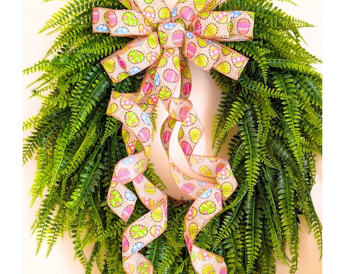 Easter Wreath Bow, Basket Decoration: Eggs Natural and Pastels Wired Ribbon