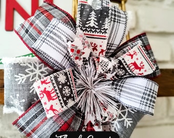 Handmade Christmas Bow: Red, White & Gray Plaid Wired Ribbon