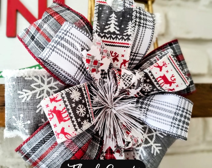 Handmade Christmas Bow: Red, White & Gray Plaid Wired Ribbon