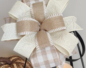 Harvest Colors Pretty Neutrals Fall Bow in Neutrals Tan Beige White Cream Colors Beautiful Wired Ribbon Wreath Bow, Fall Lantern Bow
