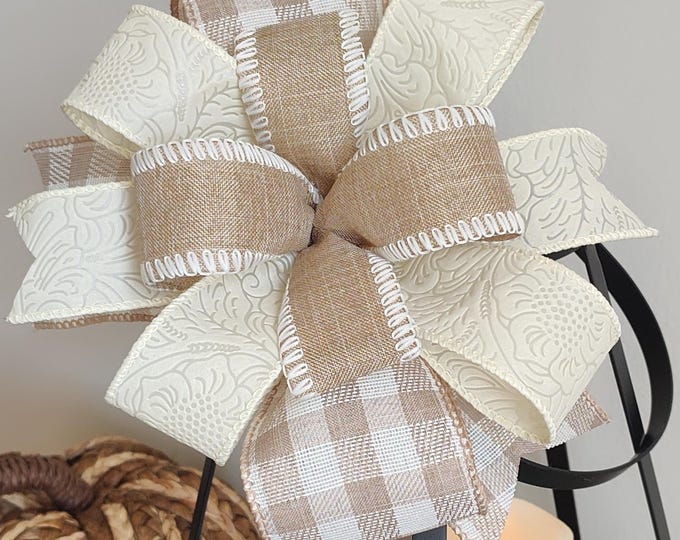 Harvest Colors Pretty Neutrals Fall Bow in Neutrals Tan Beige White Cream Colors Beautiful Wired Ribbon Wreath Bow, Fall Lantern Bow