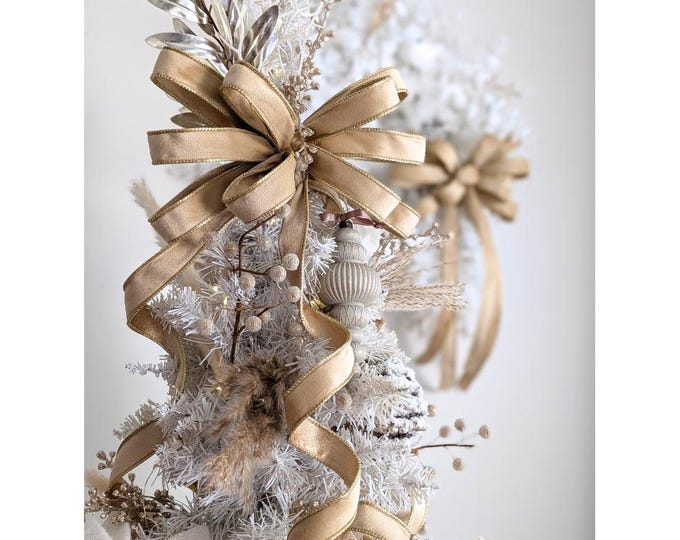 3 Sizes Beige/Tan Velvet Christmas Bows: Wired Gold Edge, Tree Topper, Wreath/Lantern, and Accent Bows for Mantle/Garland, Picks