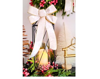 Large Ivory Velvet Christmas Bow: Gold Lining, Wired Edges, 9x16-40in
