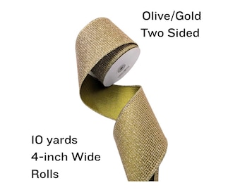 Gold Glitter & Moss Green Wired Ribbon: 4-Inch, 10 Yards