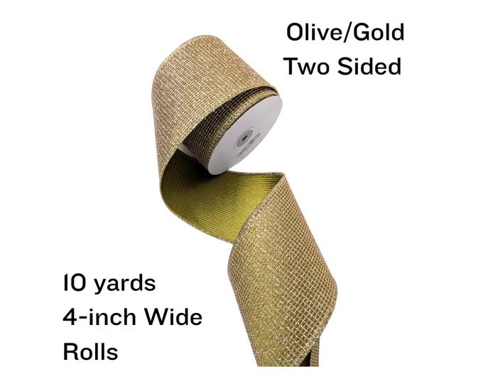 Gold Glitter & Moss Green Wired Ribbon: 4-Inch, 10 Yards