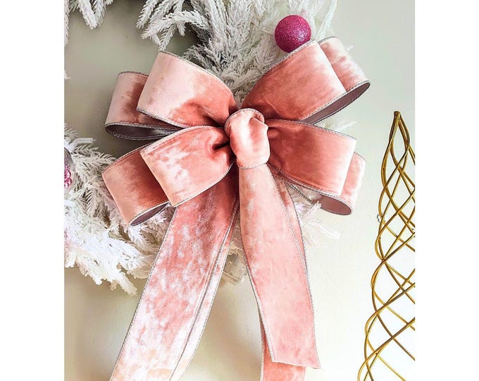 Tree Topper Bow, 12-Inch Pink Wired Velvet Christmas Decor