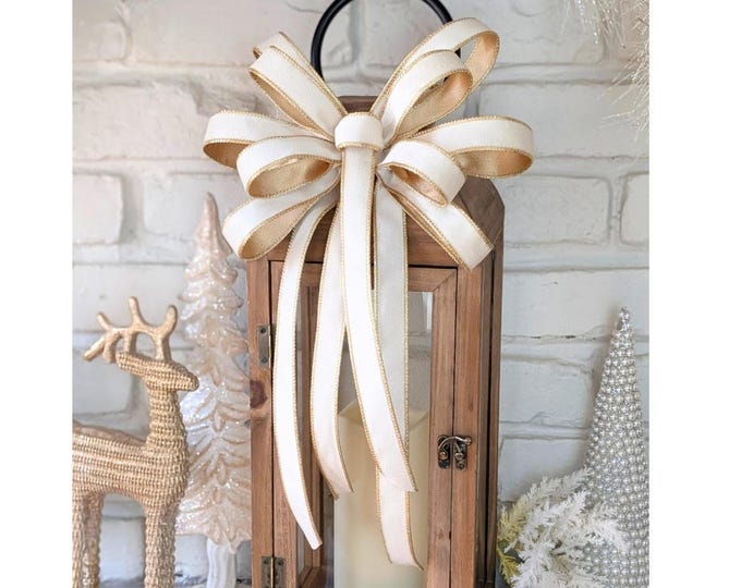 Wired Velvet Bow, Ivory White and Gold Ribbon, Wreaths, Tree Topper, Lantern Decor