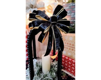 Deluxe Chic Black and Gold Velvet Wired Ribbon Christmas Holiday Decoration Bow compliments Art Deco, Modern Minimalist, Country Farmhouse