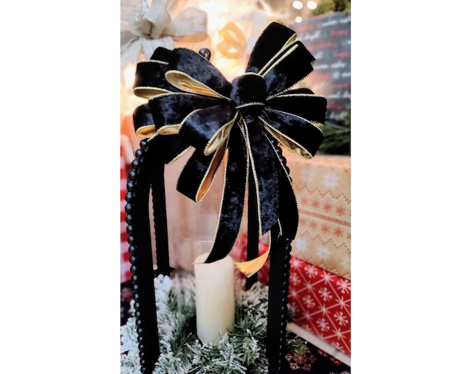 Deluxe Chic Black and Gold Velvet Wired Ribbon Christmas Holiday Decoration Bow compliments Art Deco, Modern Minimalist, Country Farmhouse