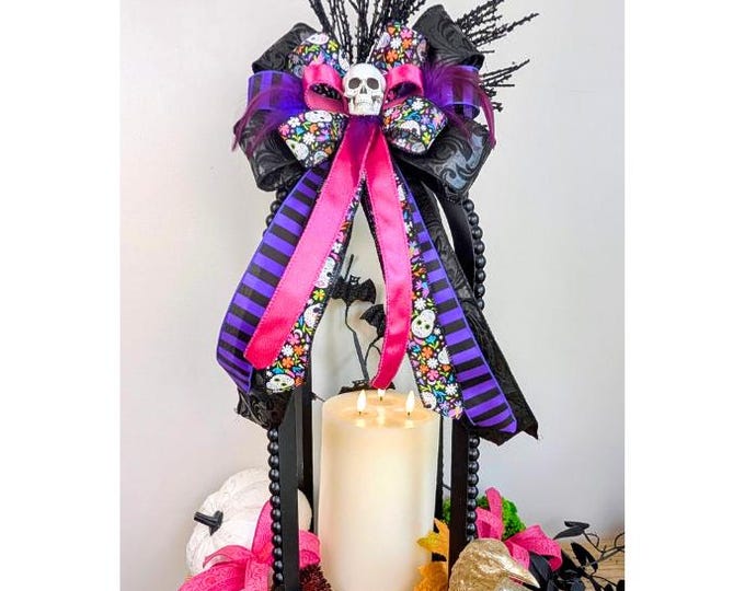 Halloween Skull Wreath Bow: Pink, Purple, & Black Ribbon (10x20in)