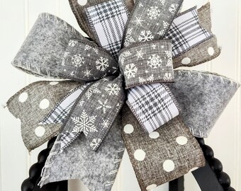 8x8 Gray and White Handmade Holiday Christmas Bow use as a Wreath Bow, Lantern Bow, Ready to Ship!