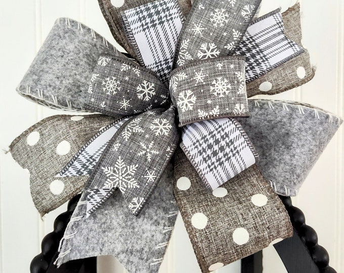 8x8 Gray and White Handmade Holiday Christmas Bow use as a Wreath Bow, Lantern Bow, Ready to Ship!