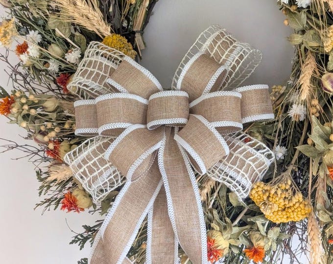 9x16-28in Neutrals Natural Tan/Beige Cream/White Spring Summer Wreath Bow, Lantern Bow - Choose your Tail Length, Free Shipping