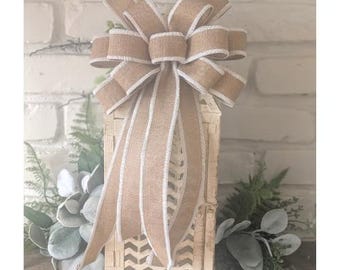 8x14in Natural Deluxe Linen Wired Wreath Bow / Lantern Bow, Thoughtfully Shipped Front Door Porch Decor