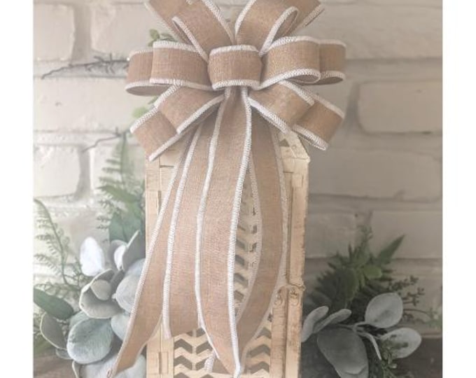 8x14in Natural Deluxe Linen Wired Wreath Bow / Lantern Bow, Thoughtfully Shipped Front Door Porch Decor