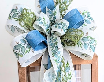 Blue and Cream Floral Wreath Bow Spring Summer Wired Ribbons