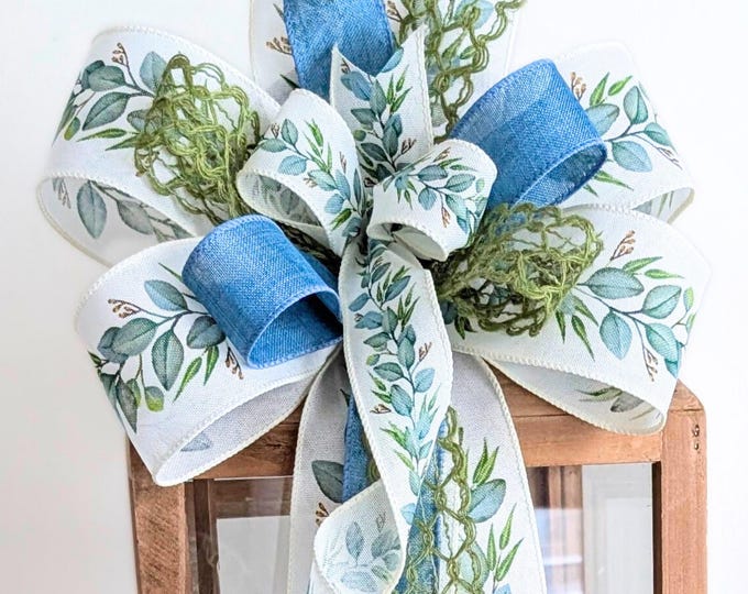 Blue and Cream Floral Wreath Bow Spring Summer Farmhouse Wired Ribbons