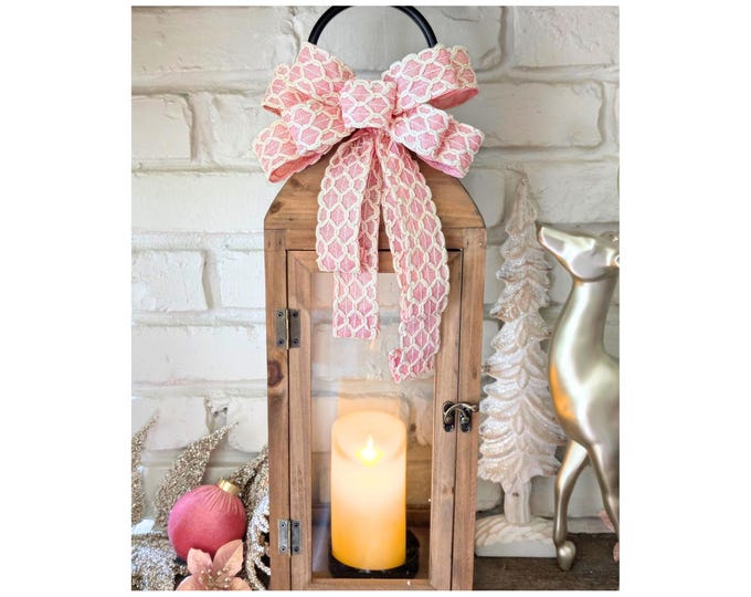 8x10in Pink White Lattice Overlay Wreath Tree Topper Lantern Bow, Pastel Pink Coquette Christmas