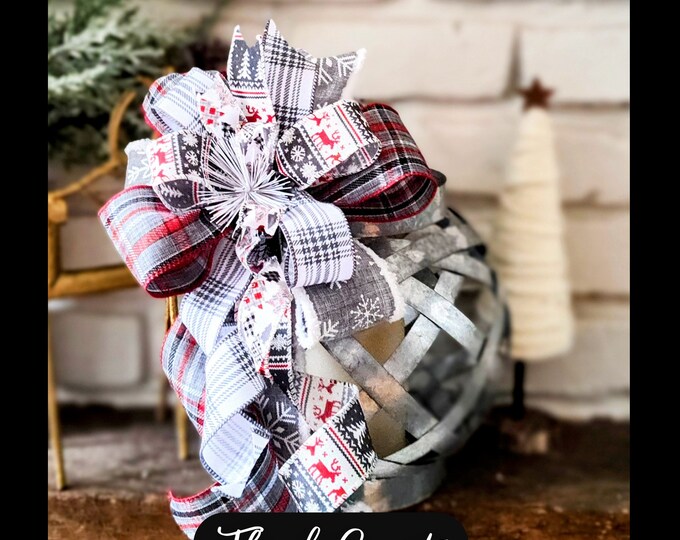 Red, White and Gray Bow Handmade Holiday Christmas Bow use as a Wreath Bow, Lantern Bow, Ready to Ship!