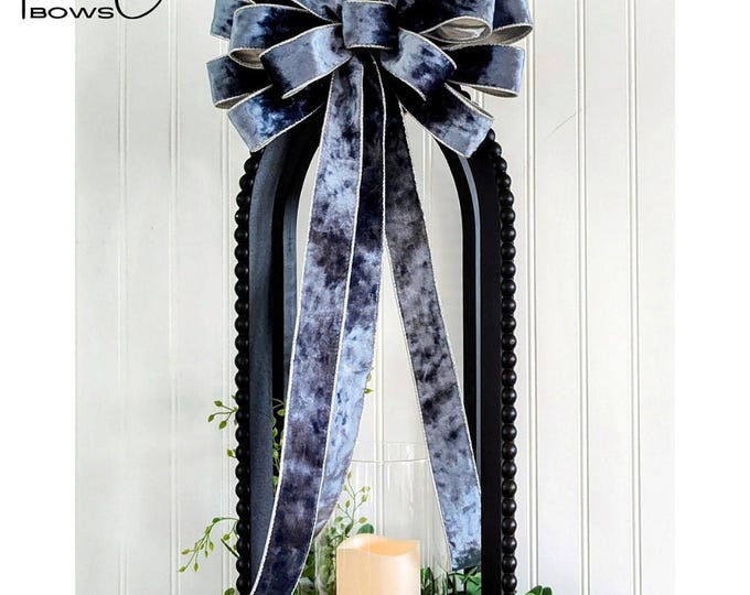 Large Blue Velvet Bow with Silver Lining: Wired Ribbon Decor (10x24in)