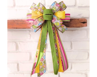 10x18in Easter Wreath Bow, Basket Decoration: Pink, Fuchsia, Lime Yellow Spring/Summer