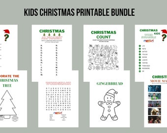 May include: A Kids Christmas Printable Bundle featuring various activity sheets. Includes a Christmas quiz, alphabet, count, word scramble, movie match-up, word search, gingerbread outline, and a decorate the Christmas tree activity.