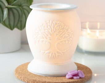 Electric Wax Melt and Oil Burner in Tree of Life Design in White Ceramic