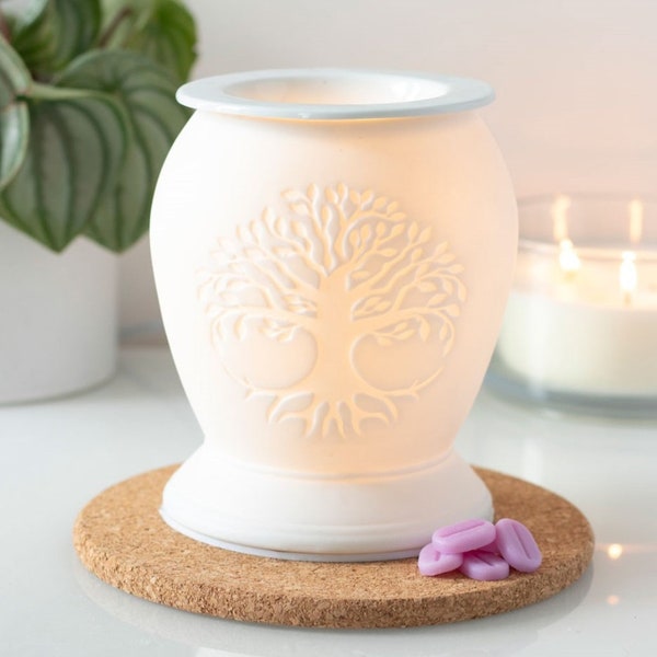 Electric Wax Melt and Oil Burner in Tree of Life Design in White Ceramic