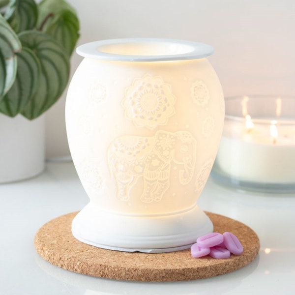 Electric Wax Melt and Oil Burner with Elephant Design in White Ceramic