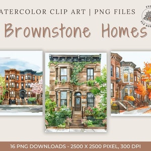 Clipart de casa antiga em aquarela, casas de brownstone, sobrado, arte de casa geminada, casas históricas, pacote de clipart de casas urbanas, PNG de alta qualidade