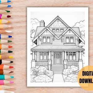 35 Coloring pages for old house enthusiasts, instant downloadable vintage historical architecture coloring book, with Victorian, Craftsman, even Mid-century Modern samples.  Way to relax and enjoy vintage homes, or use for housewarming parties.