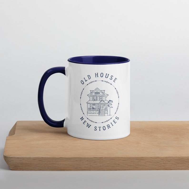 Mug with a classic look with an Old House, New Stories meme.  Gift for Old House Enthusiasts and Homeowners.  Good housewarming gift.