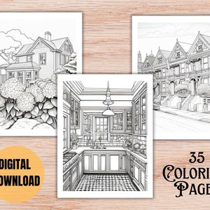 35 Coloring pages for old house enthusiasts, instant downloadable vintage historical architecture coloring book, with Victorian, Craftsman, even Mid-century Modern samples.  Way to relax and enjoy vintage homes.