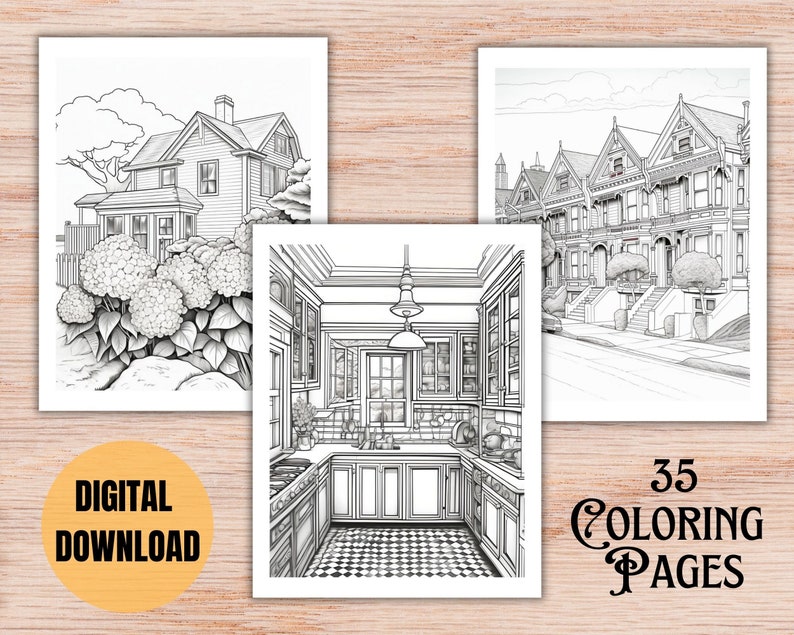 35 Coloring pages for old house enthusiasts, instant downloadable vintage historical architecture coloring book, with Victorian, Craftsman, even Mid-century Modern samples.  Way to relax and enjoy vintage homes.