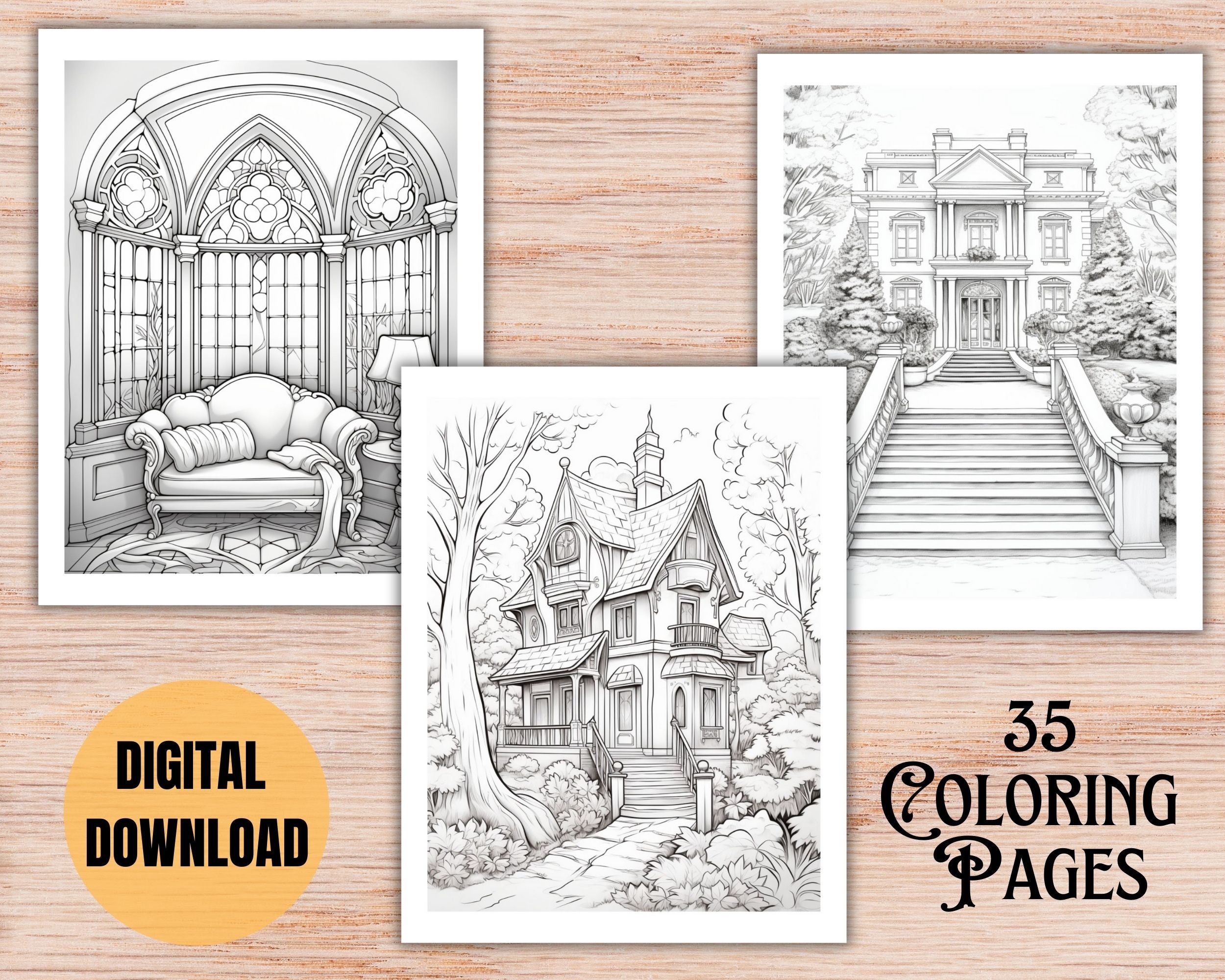35 Old House Coloring Pages, Vintage & Historic Home Digital Coloring