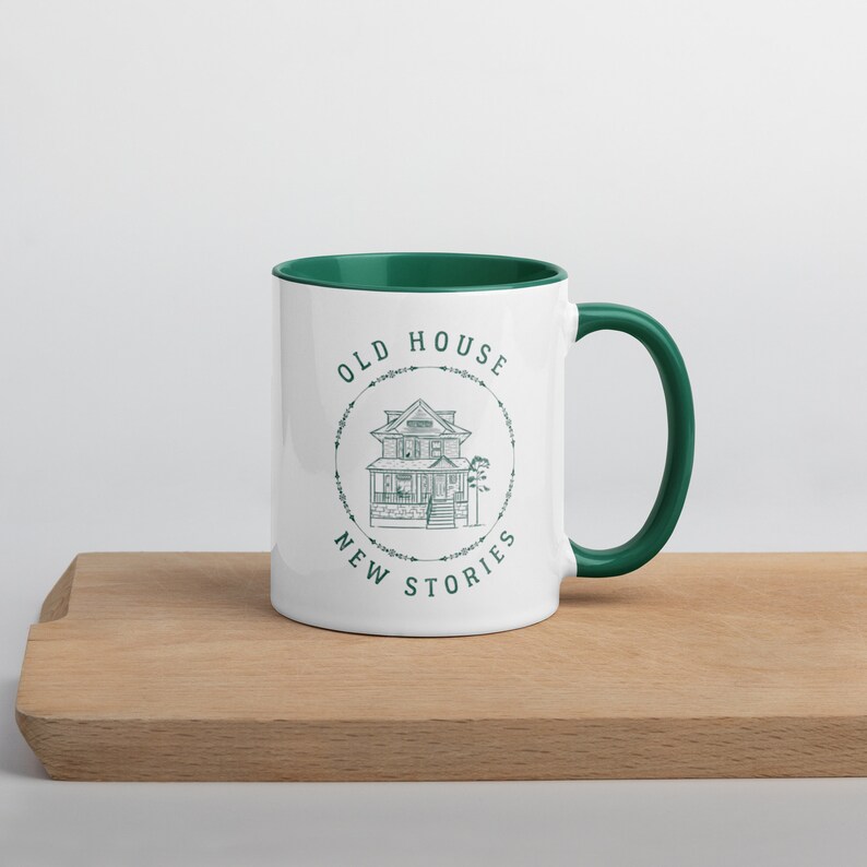 Mug with a crisp forest green with an Old House, New Stories meme.  Perfect gift for Old House Enthusiasts and Homeowners as well as housewarming gift.