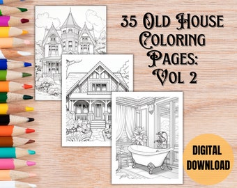 35 Old House Coloring Pages, Vintage & Historic Home Digital Coloring Book, Architecture Interior AND Exteriors, Relaxing Coloring, Vol 2