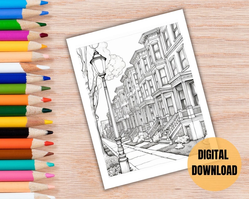 35 Coloring pages for old house enthusiasts, instant downloadable vintage historical architecture coloring book, with Victorian, Craftsman, even Mid-century Modern samples.  Way to relax and enjoy vintage homes, or use for housewarming parties.